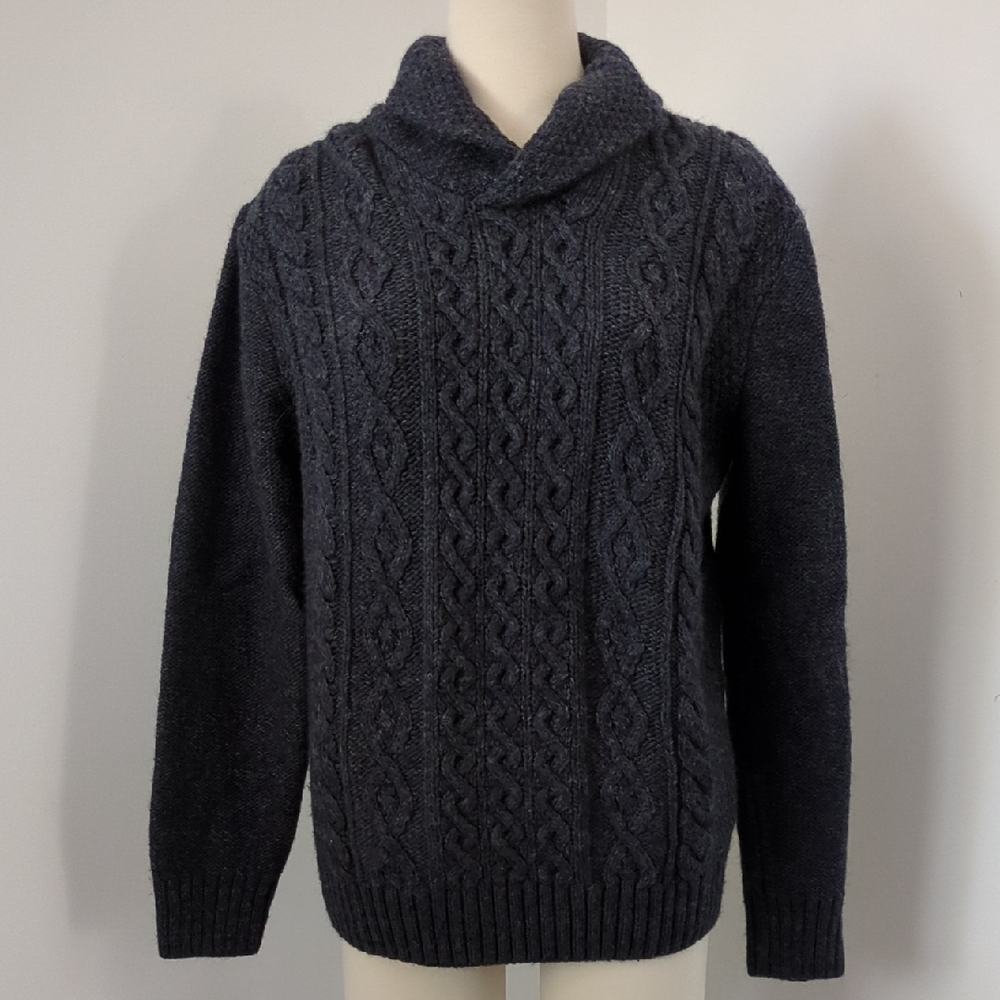 Men's Heathered Blue Pullover Cable Knit Collared Sweater